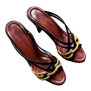 Costume National black and beige leather stripes and wood sandals